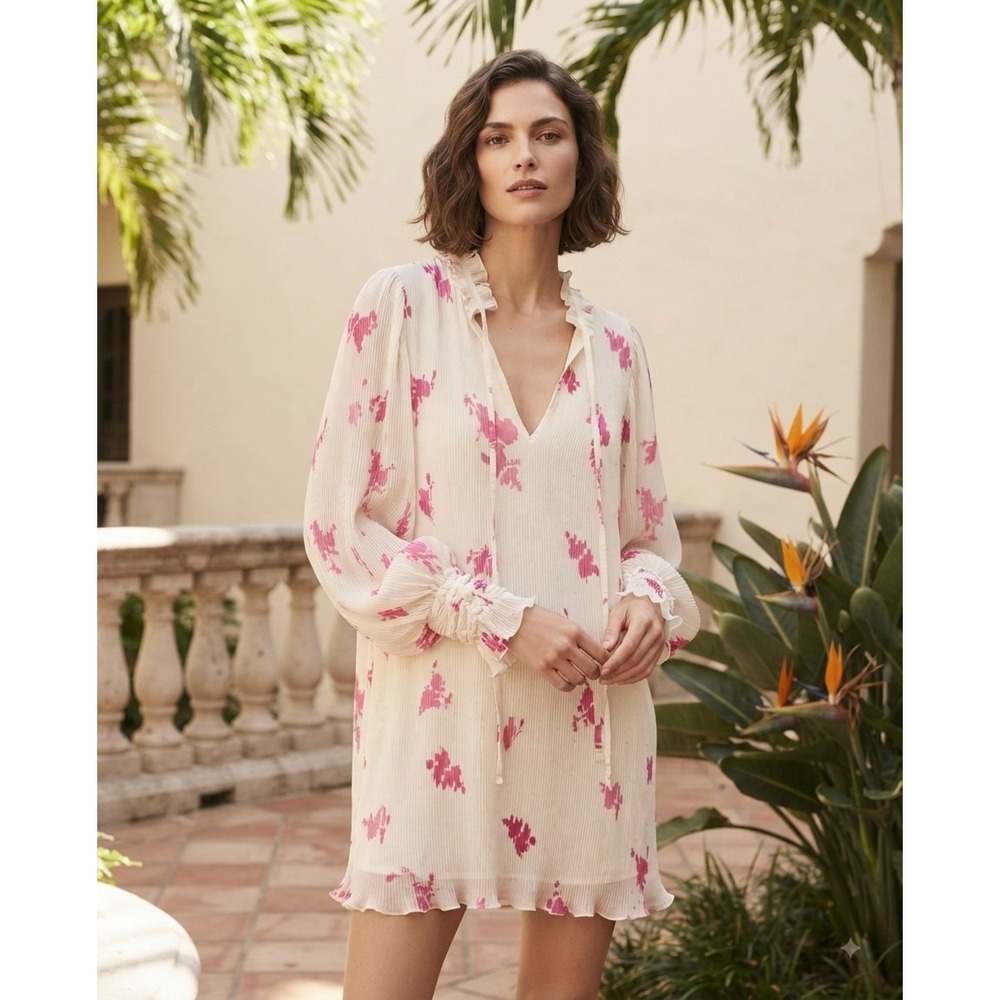 Ganni Pink Floral Pleated Georgette Mini Dress Ruffle Neck Balloon Sleeve White